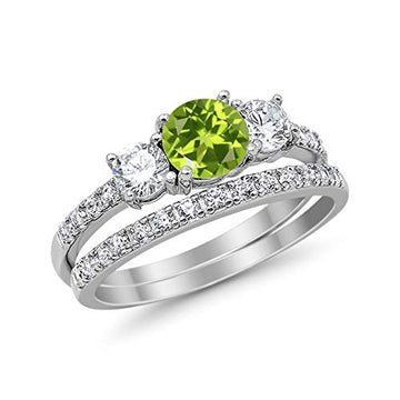 3-Stone Wedding Bridal Set Piece Ring Round Simulated Peridot CZ 925 Sterling Silver
